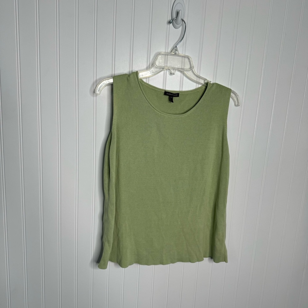 Eileen Fisher Top Large Green Solid Ribbed Stretch Sleeveless Blouse Women